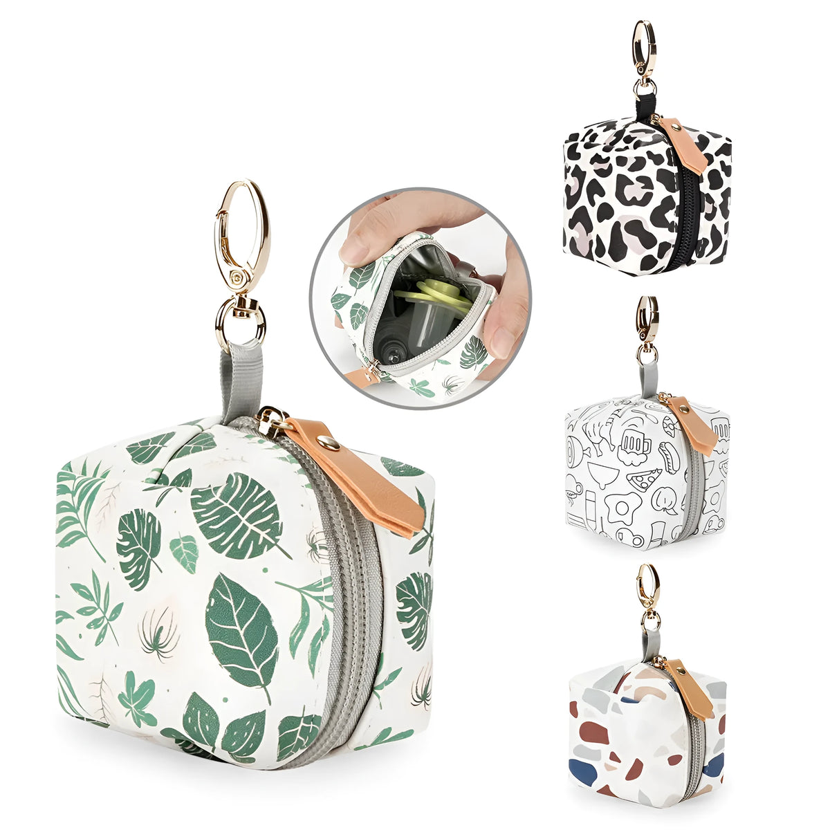 Baby pacifier holder case with PU leather outer and nylon lining, 10cm diameter, holds 2 pacifiers
