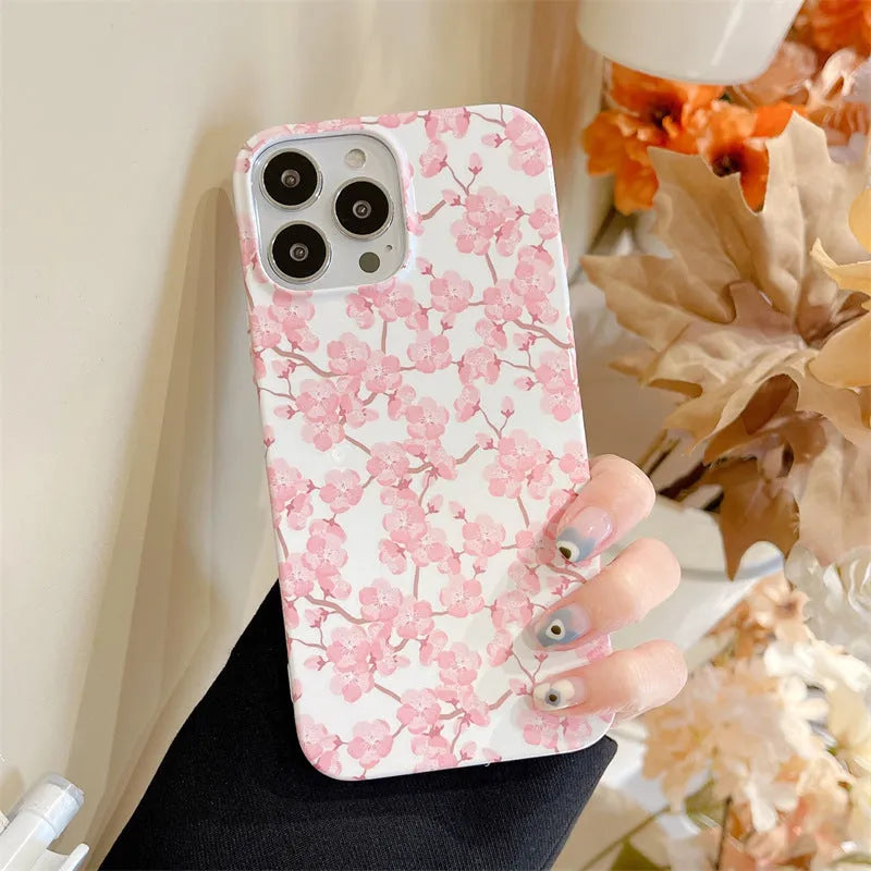 Pink cherry blossom soft silicone phone case for iPhone models with drop-resistant back cover