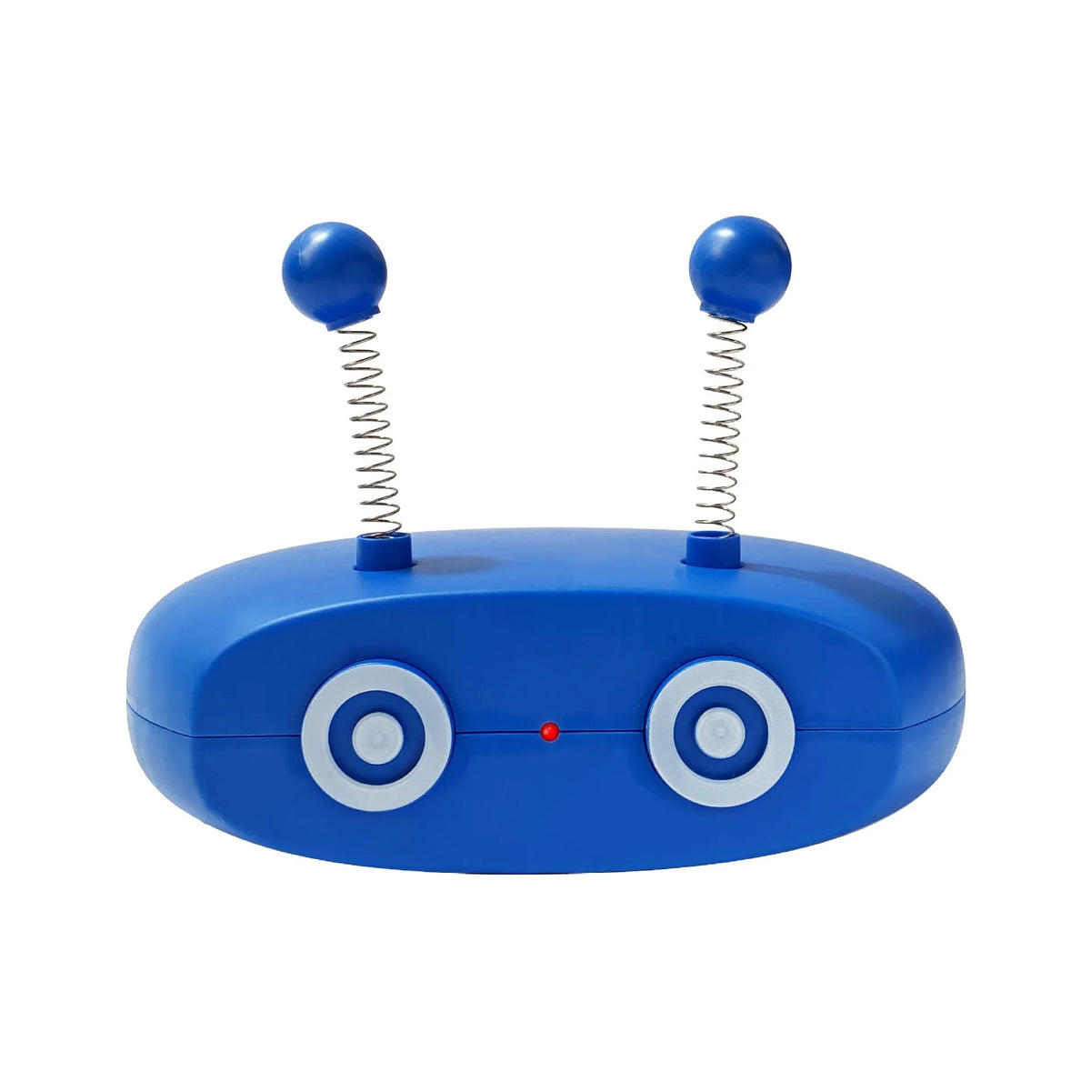 Electric robot laser cat toy with feather teasing stick, USB rechargeable, shown in Blue, Grey and Yellow
