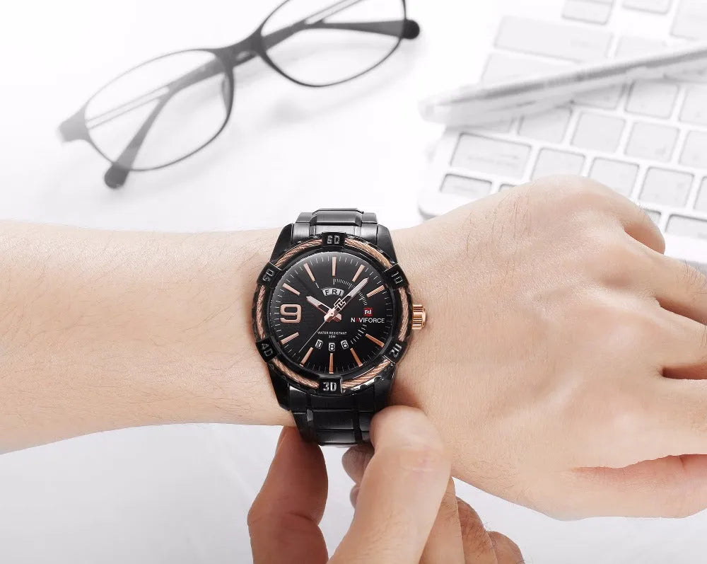 Men's waterproof quartz watch with silver alloy case, stainless steel strap, 46mm round dial and world time display.