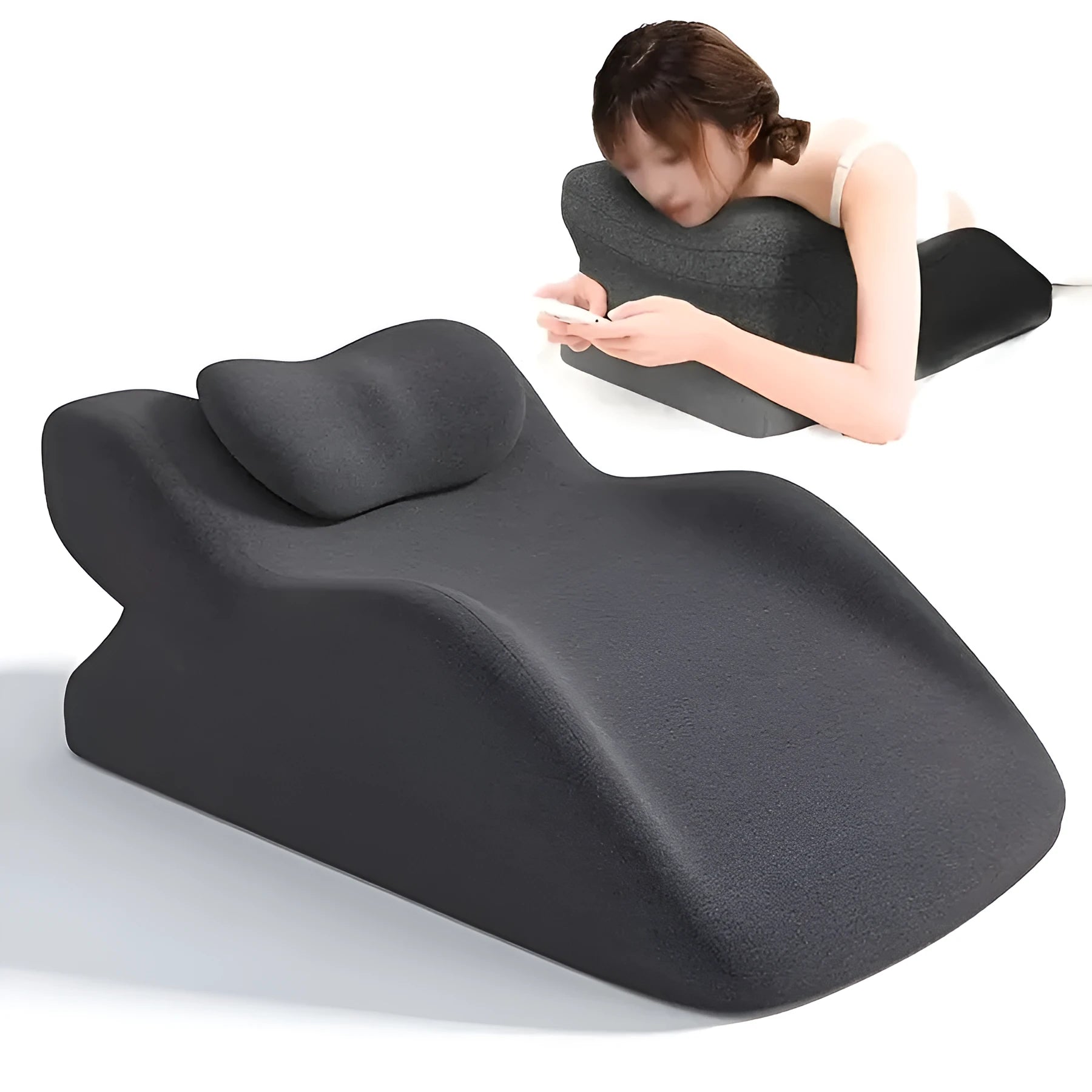 4-inch stomach sleeper pillow shown in blue, designed for prone sleeping positions and reading while lying down