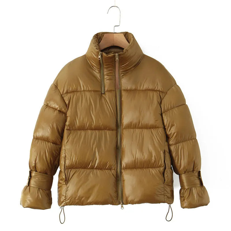 Gold women's puffer coat with stand-up collar and double zipper, straight fit, polyester outer, cotton filling