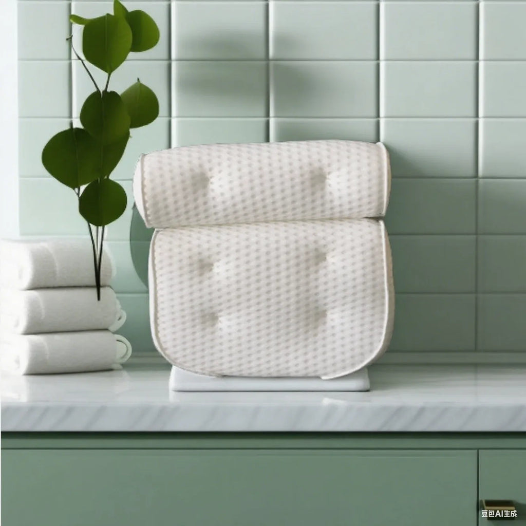 White bathtub pillow with 4D mesh and seven suction cups on a bath mat.