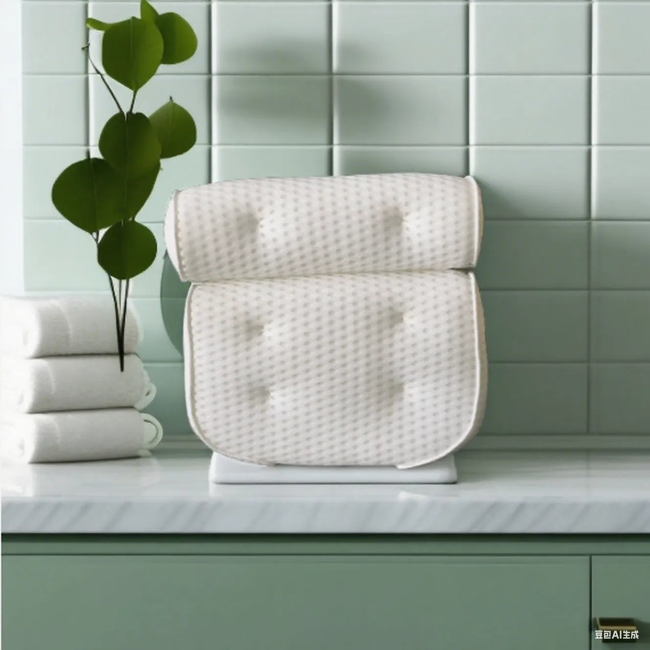 White bathtub pillow with 4D mesh and seven suction cups on a bath mat.