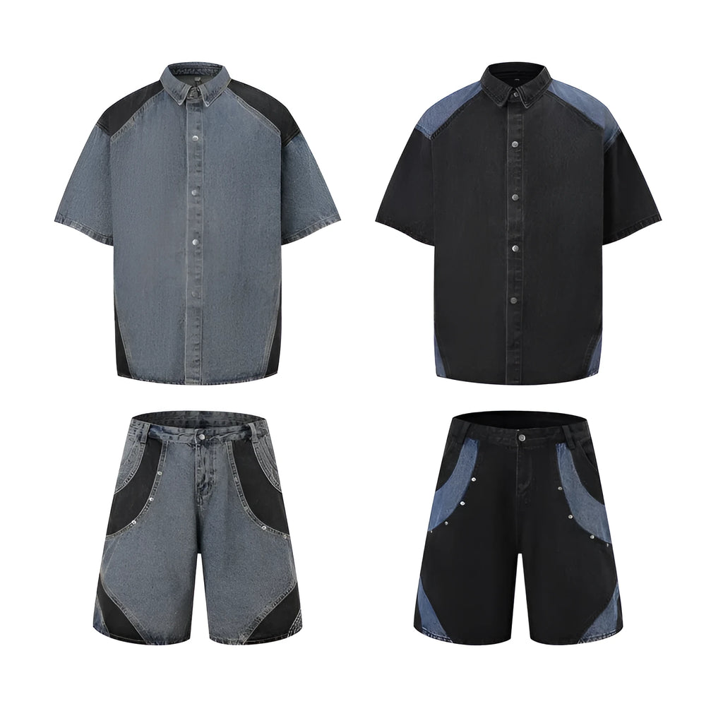 Retro washed denim suit for men featuring a short sleeve jacket and matching trousers.