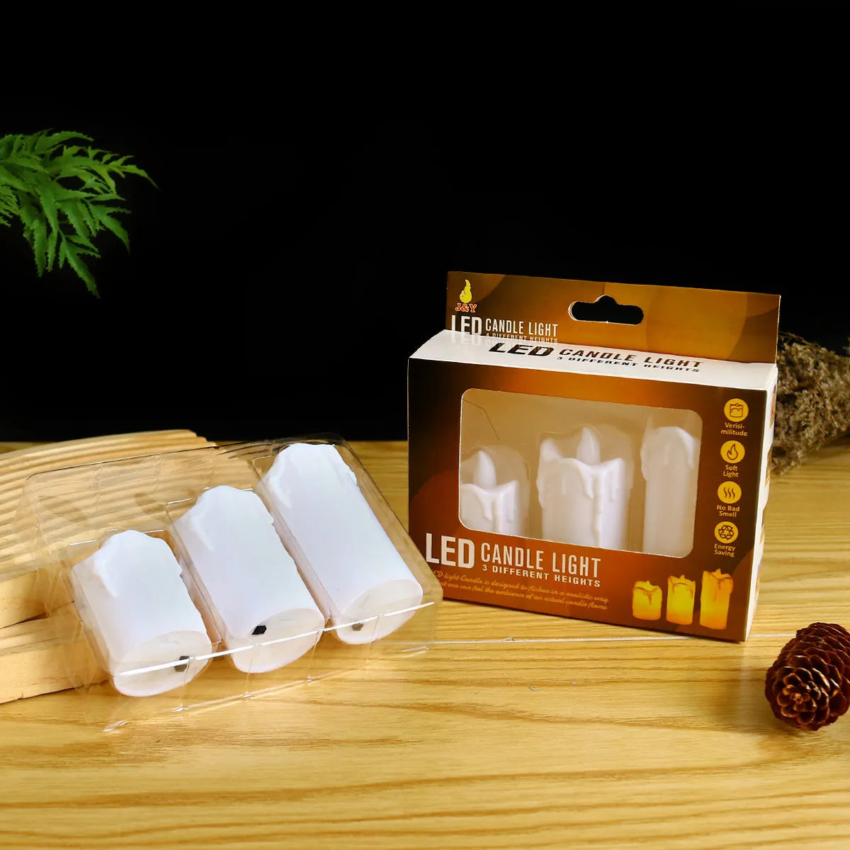 LED simulation candle light set of 3, warm, PP cylindrical, white beige red, tear wave mouth