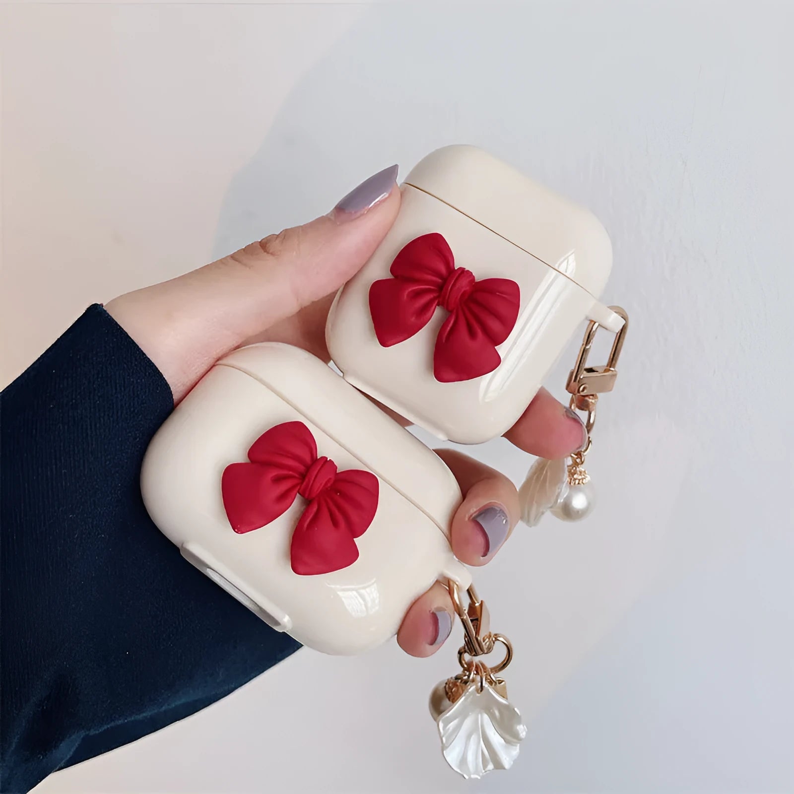 Beige red bow shell silicone protective case for AirPods Pro wireless earphones