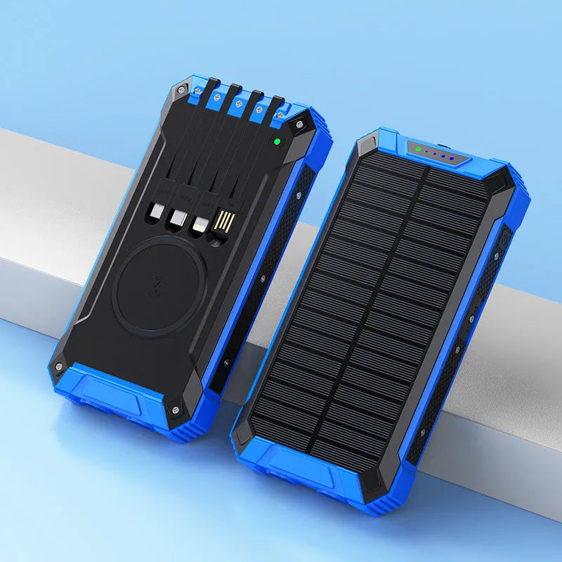 Solar wireless power bank in orange black, 173 x 89 x 28mm plastic shell, 10000mAh or 20000mAh capacity