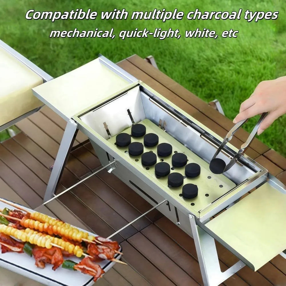 Small foldable portable charcoal grill with iron construction for outdoor barbecues