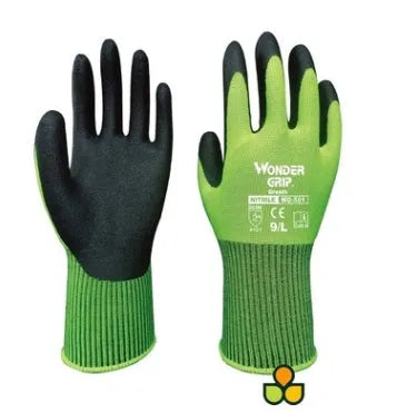 Fluorescent yellow nitrile dipped gardening gloves WG501 with knit lining and long sleeve cuffs, sizes S M L