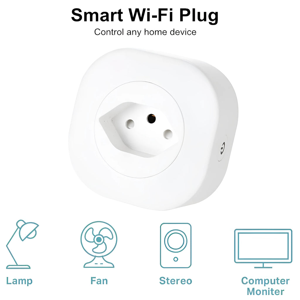 White smart socket plug with WiFi and voice control features showing EU plug configuration