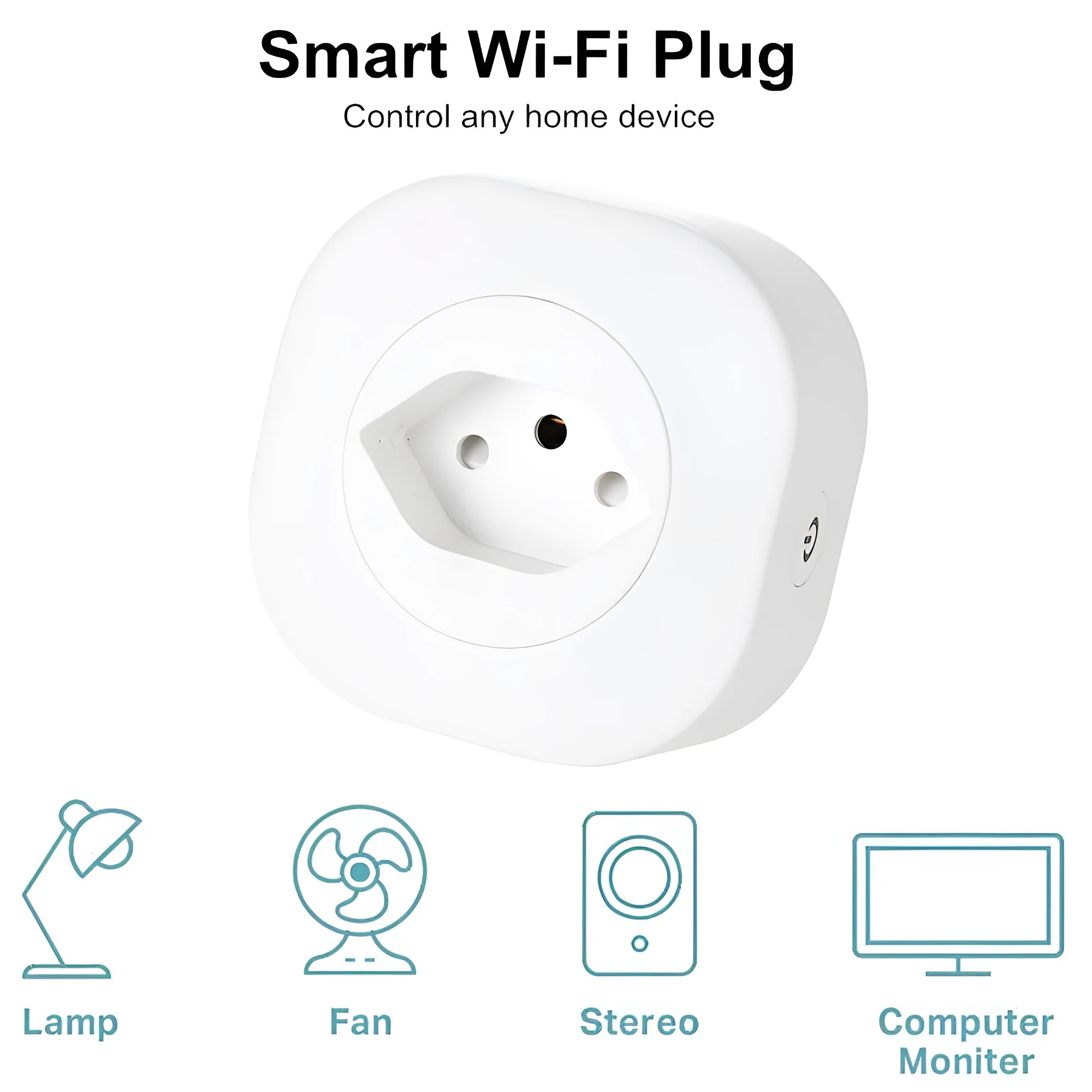 White smart socket plug with WiFi and voice control features showing EU plug configuration