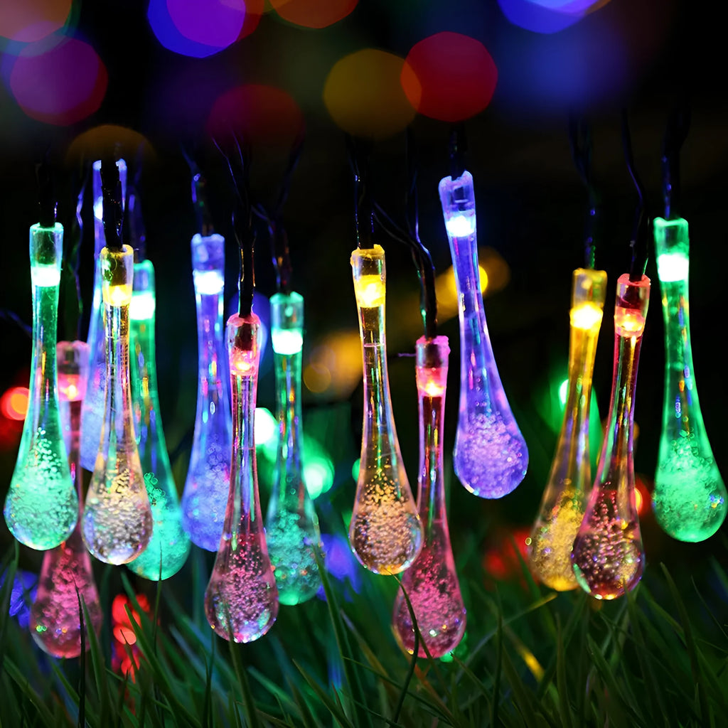 6.5 metre solar LED water drop string lights with 30 bubble drop pendants for outdoor garden use