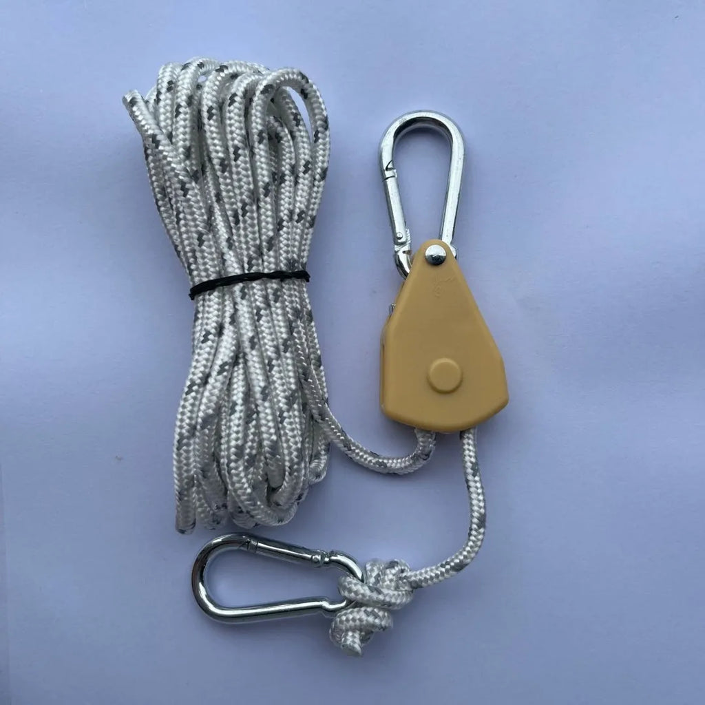 Tent guy rope with pulley adjuster, 4mm nylon cord, 4M or 5M, Army Green or Coffee.
