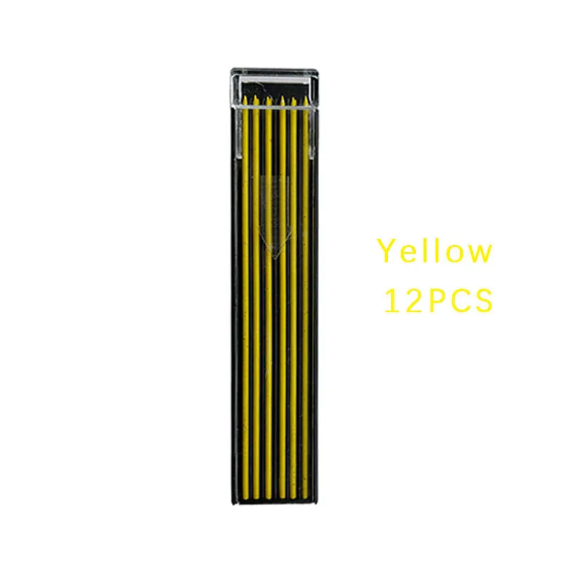 Plastic box containing 12 refill leads for a 0.5mm mechanical pencil in various colours.