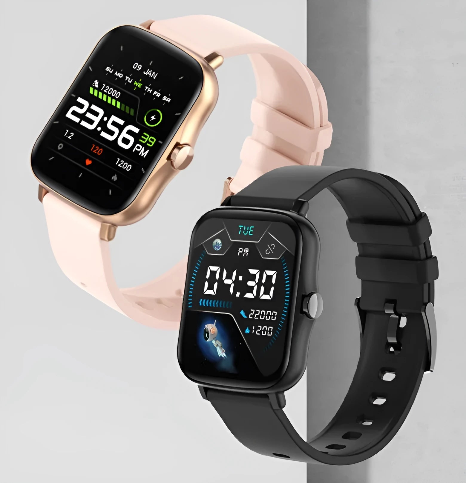 Smart watch with blue strap and 1.7-inch colour touch screen displaying time and heart rate.
