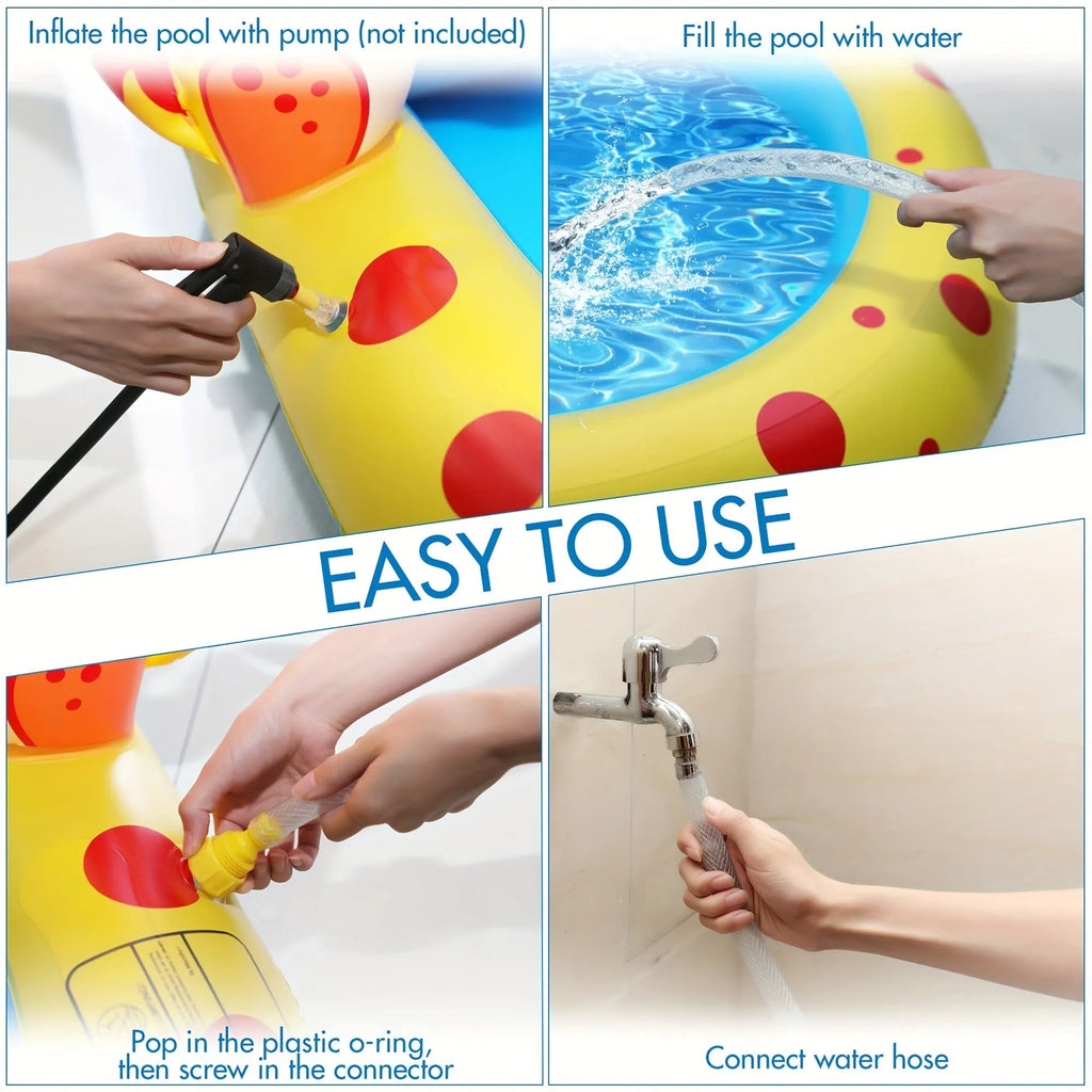 Blue dinosaur water spray play mat with inflatable shark pool for children's outdoor water games