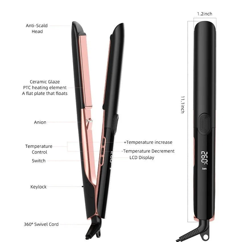 Anion hair straightener and curler with temperature display showing 207°C