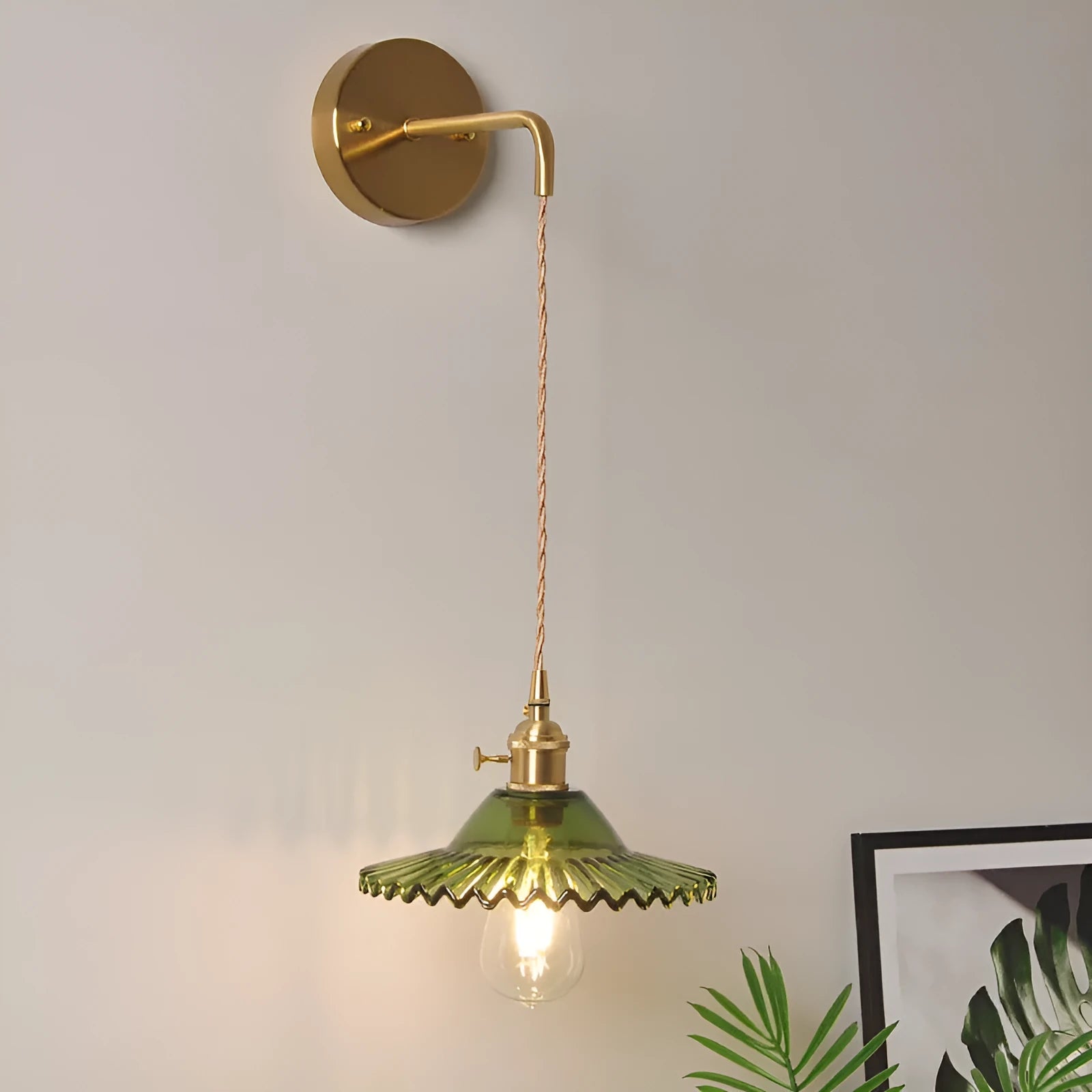 Retro brass bedside lotus wall lamp with glass shade in one of six colours