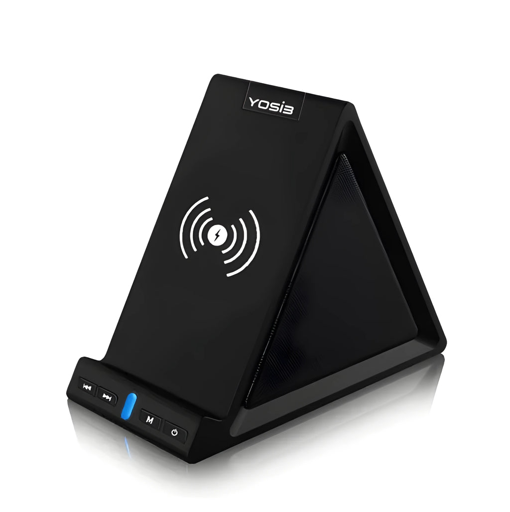 Black Bluetooth speaker with integrated phone stand featuring wireless charging and 2000mAh power bank