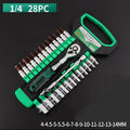 Socket casing ratchet wrench set with three metric drive sizes 1/4 3/8 and 1/2 inch on a workbench