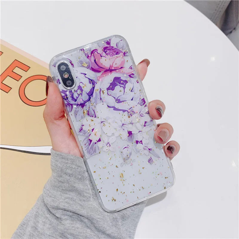 TPU phone case with broken flowers and fruits gold foil epoxy design back cover