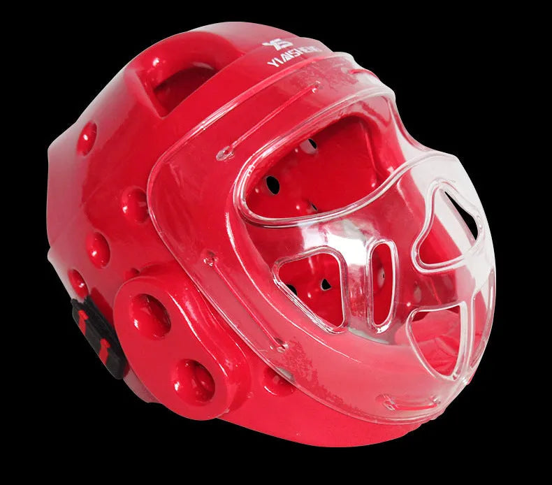 Karate training helmet for boxing head protection shown in blue, red, and white colours