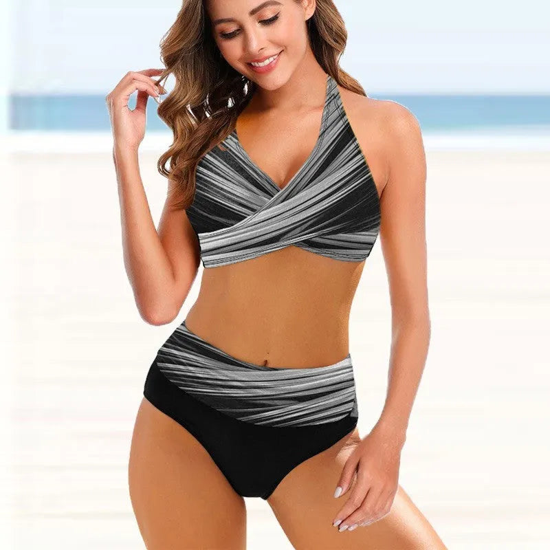 Ladies striped tie-dye bikini swimsuit with hollow design and high-waist briefs