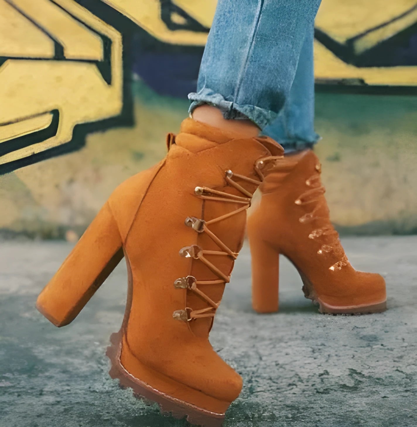Women's suede high heel ankle boots in army green with thick heel, round toe, rivet details, and a belt buckle.