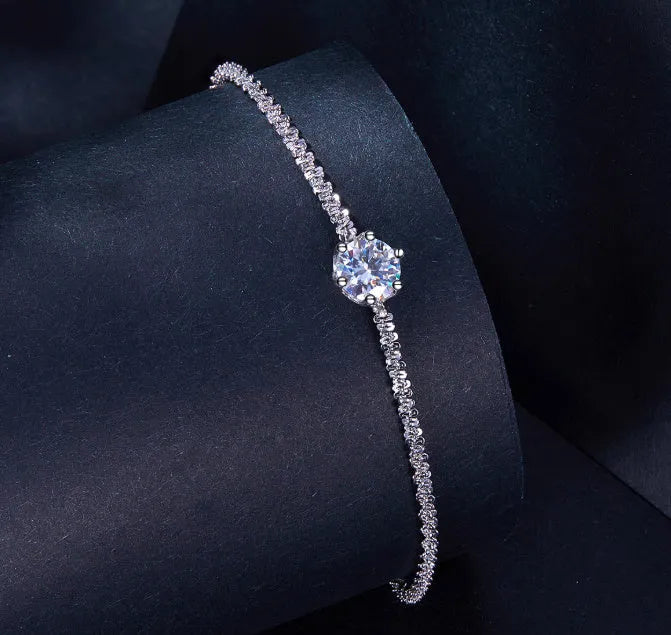 925 silver bracelet with round 1 Karat stone in six-claw setting, electroplated finish, simple style