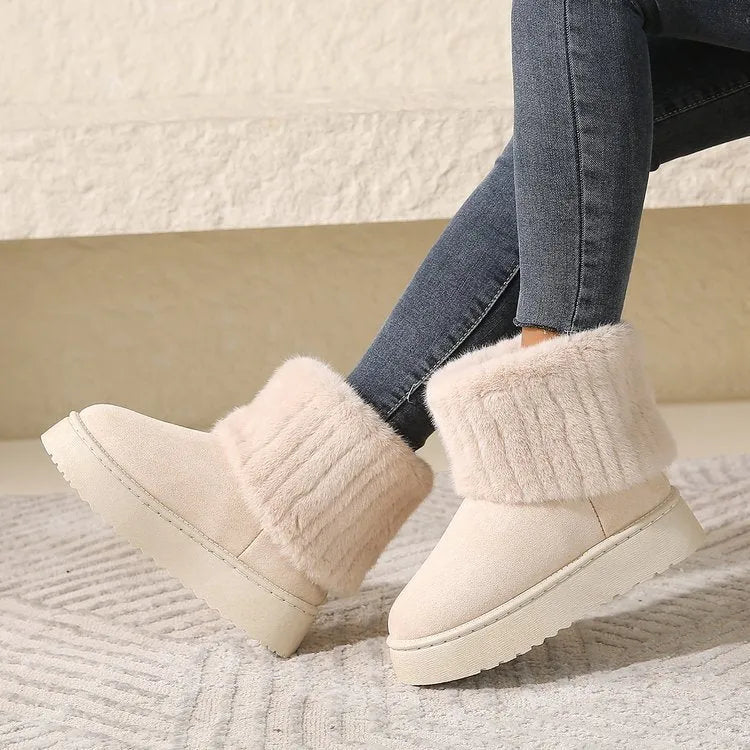 Thick-soled plush snow boots for women warm mid-tube furry cotton shoes available in black beige khaki