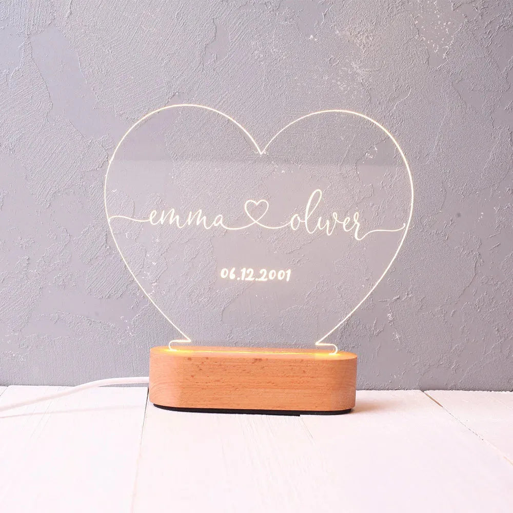 Personalised acrylic night light with custom names and dates, USB powered, modern art design