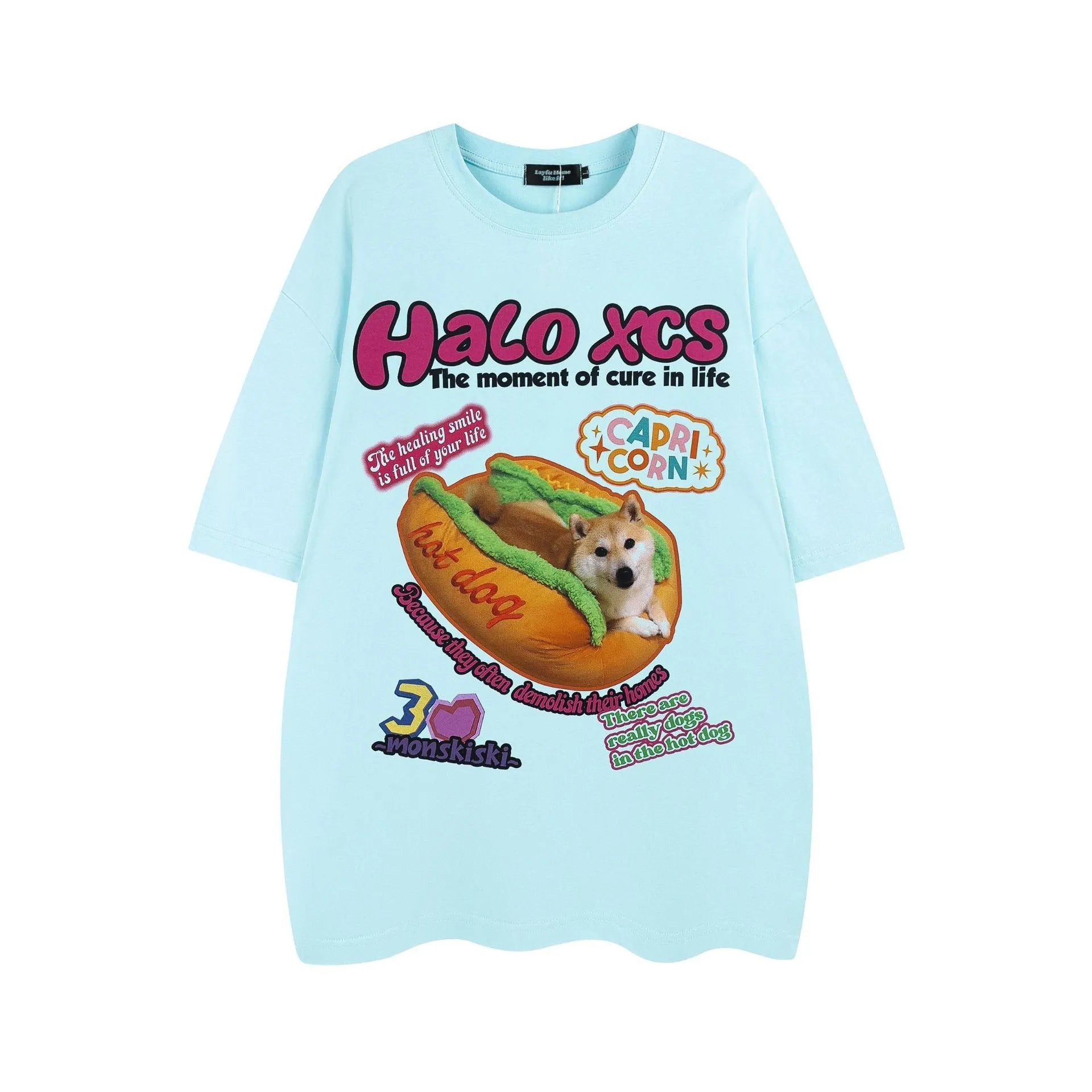 Cartoon hamburger dog printed cotton T-shirt in loose fit, shown in white colour.