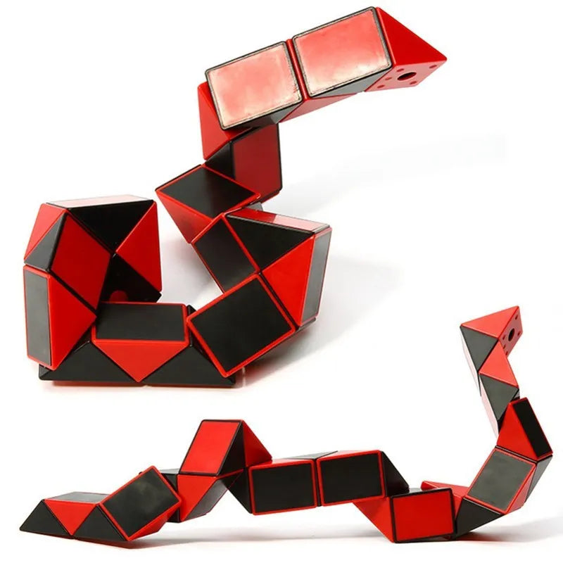 Magic Puzzle Snake twistable plastic fidget toy in small 5x5x5cm and large 7x7x7cm sizes with colourful segments.