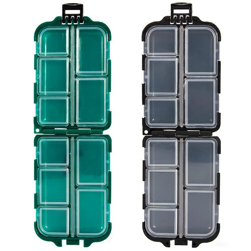 10-compartment plastic fishing tackle storage box measuring 9.5x6.5x3cm in black colour