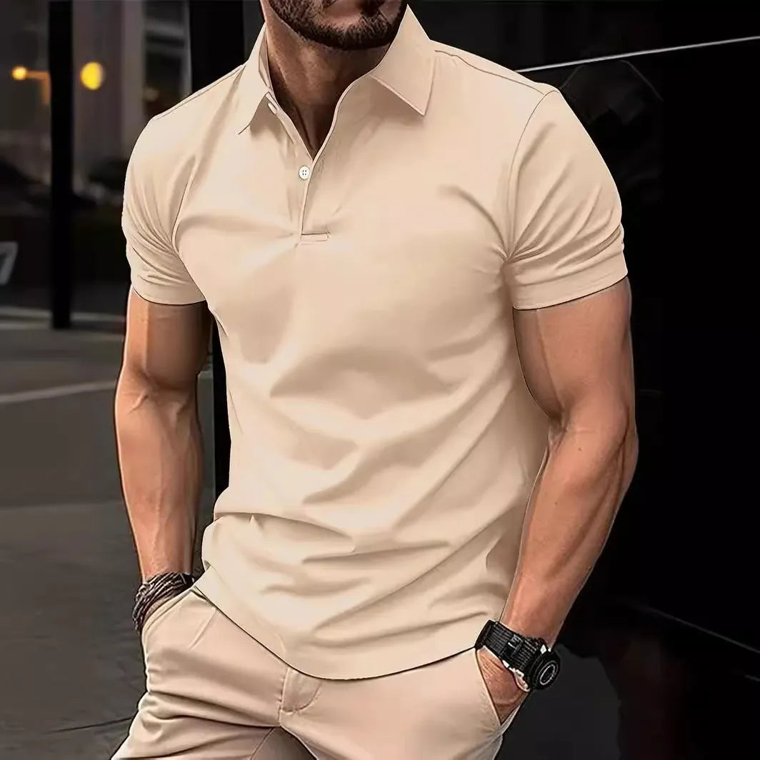 Men's slim fit solid colour short sleeve button-down shirt on a hanger.