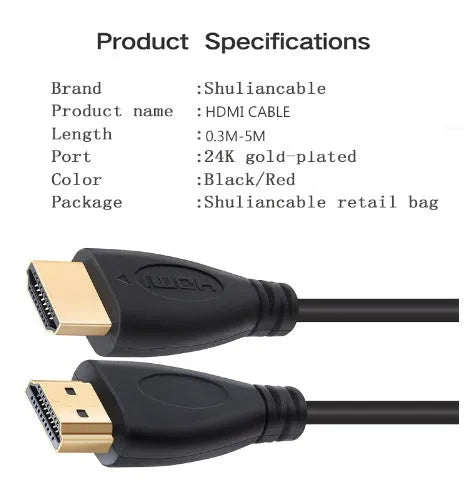 Gold-plated HDMI cable with male connectors in various length options from 0.3m to 5m