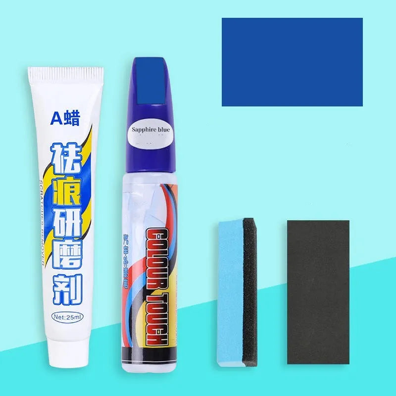 Automotive scratch repair kit showing touch-up paint pen, wax tube, sandpaper, and sponge for car paint touch-up.