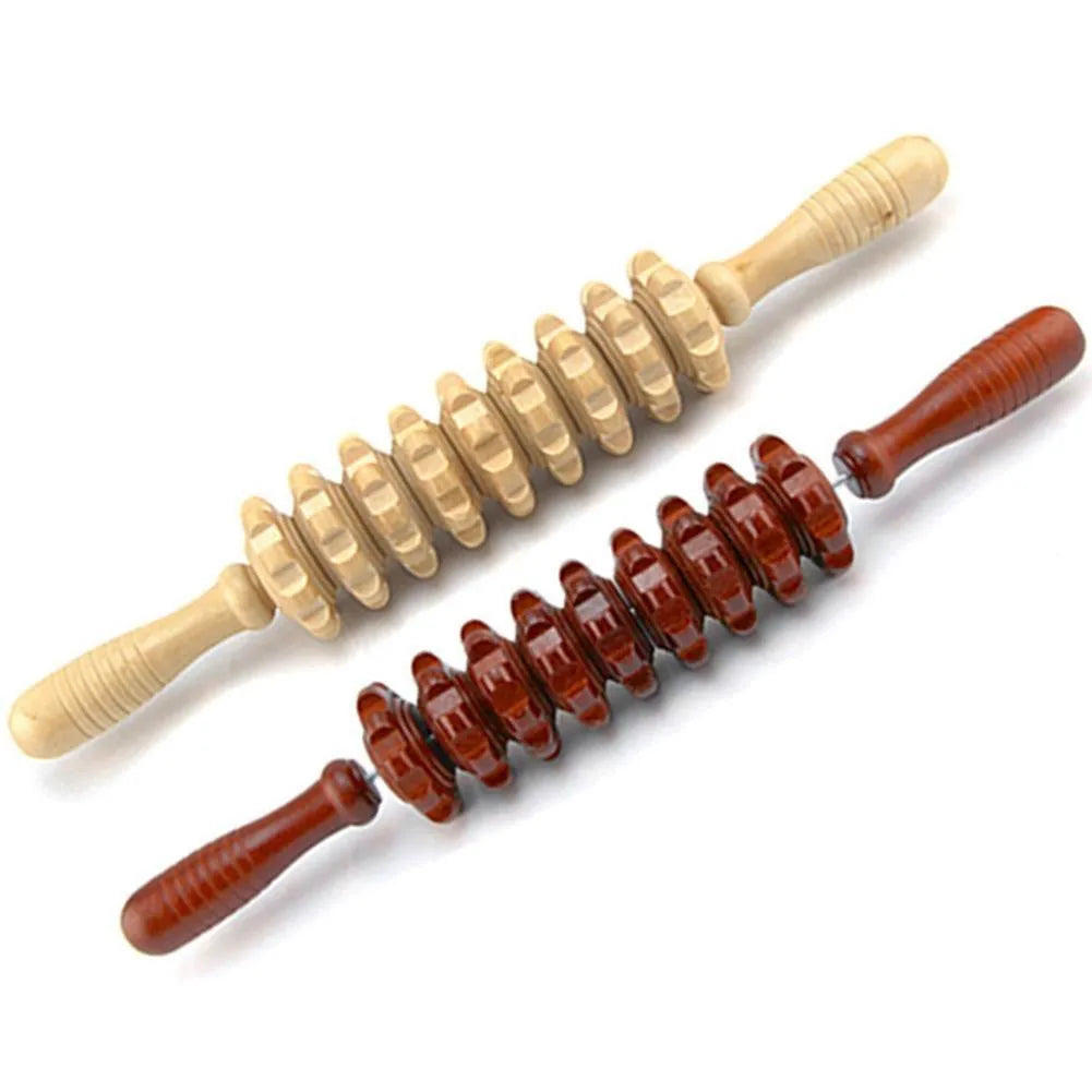 Wooden muscle massage roller stick, 39cm long with 18cm roller, 270g, five styles