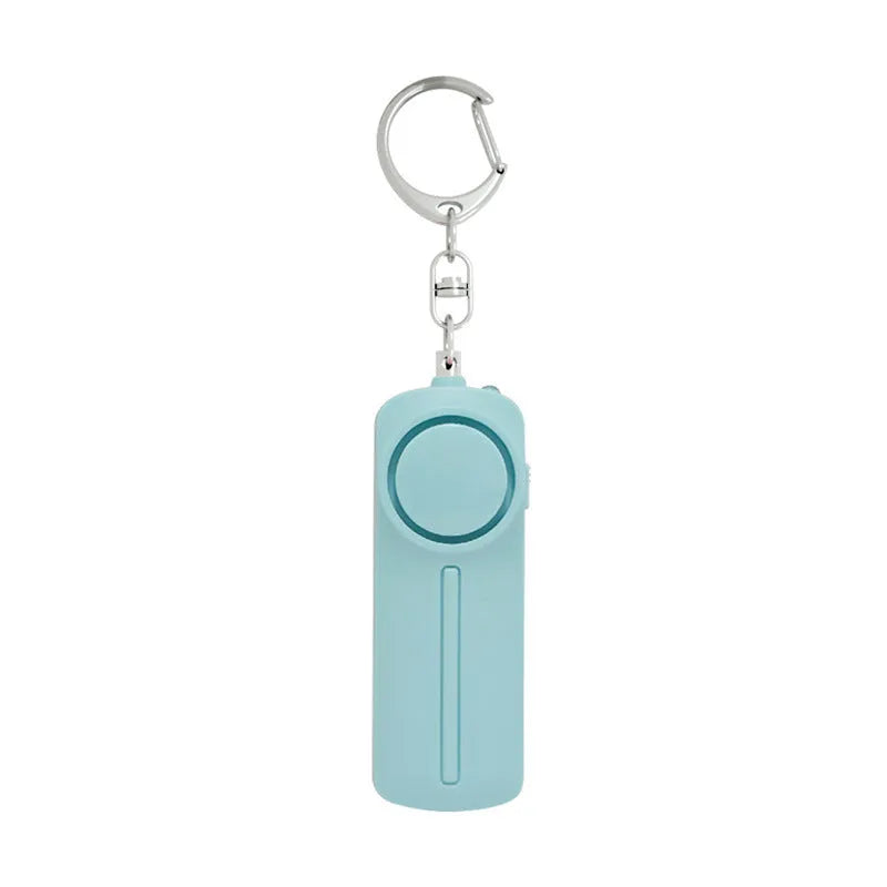 Compact pink personal safety alarm showing dimensions and activation button.