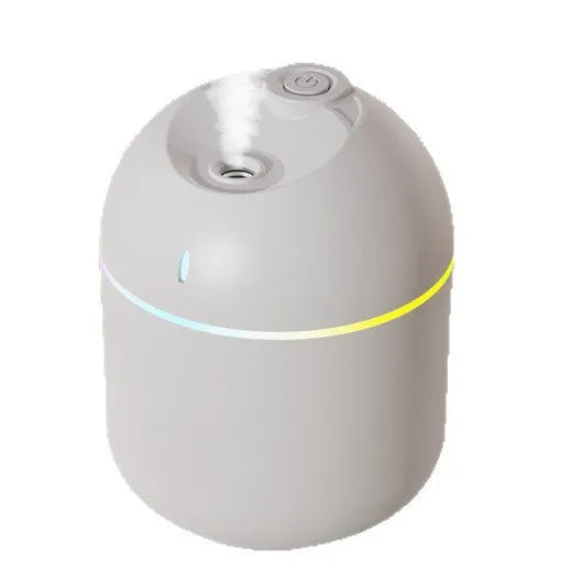 USB water drop humidifier in white, pink, or green with colour light, mute operation, and 2-8 hour timer