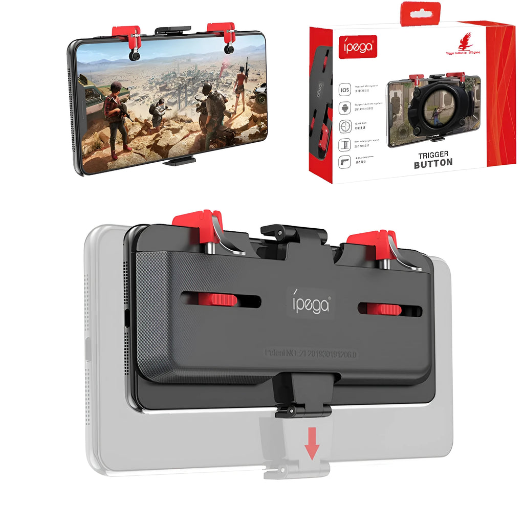Black mobile phone gaming bracket with a magnetic trigger handle extended, showing adjustable phone clamp.