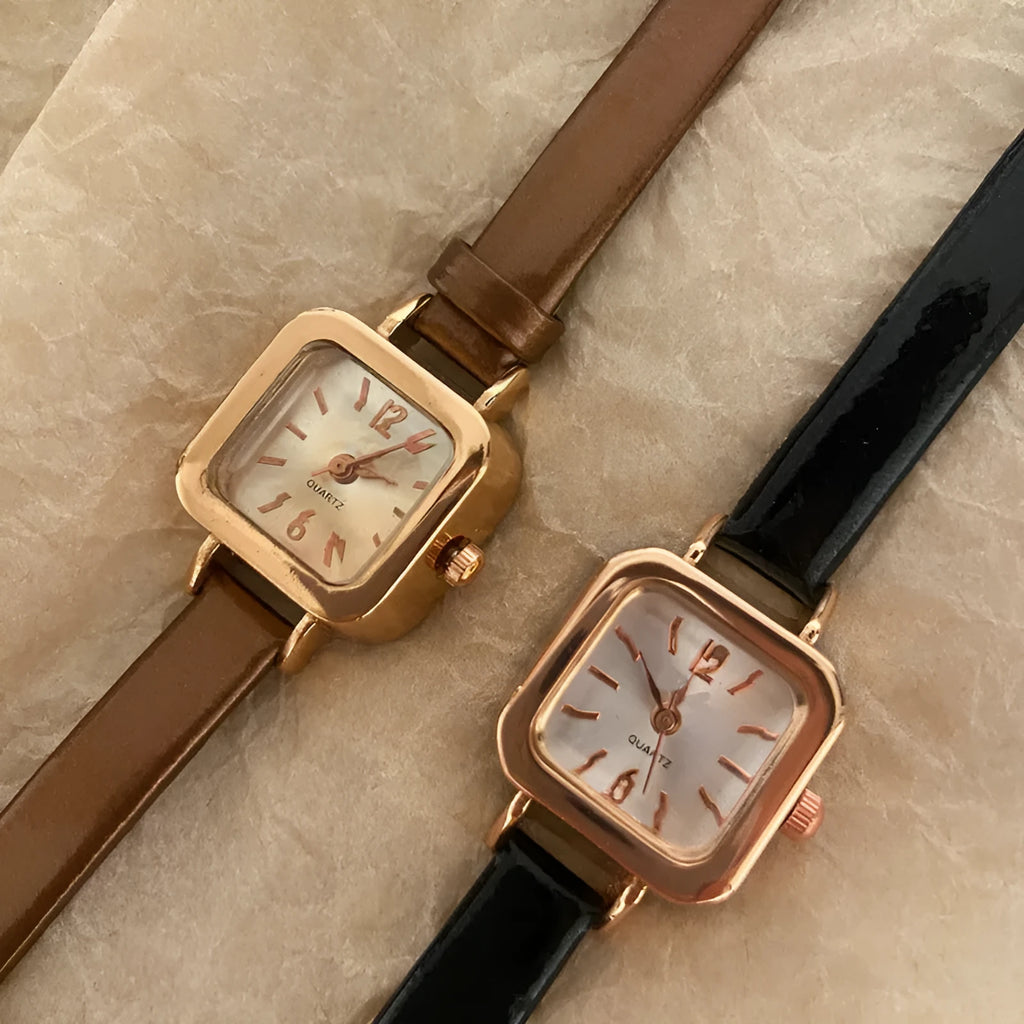 Women's retro-style fashion watch with a thick 10mm alloy case shown in black, white, pink, and brown colours.