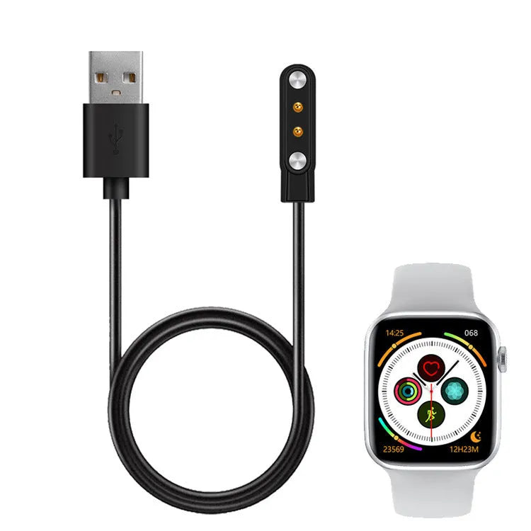 Black smart watch magnetic USB charger with thimble contact, 8cm x 4cm x 1cm, 100cm or 60cm cable.