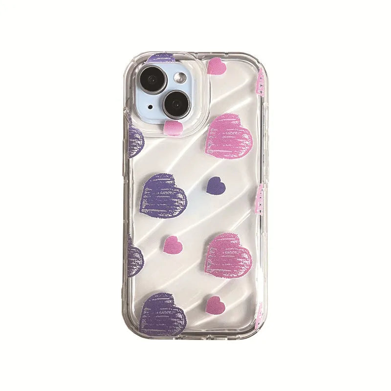 Transparent iPhone case with pink and blue heart design, TPU all-inclusive cover with fall protection and sprayed finish