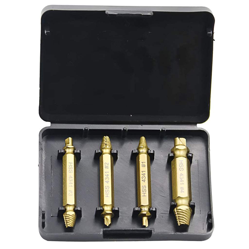 Five-piece 4341 high-speed steel screw extractor and bolt remover tool set.