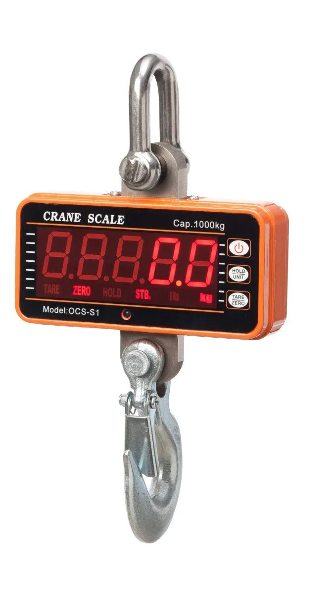 Orange electronic crane scale with digital display for 500 kg capacity logistics weighing