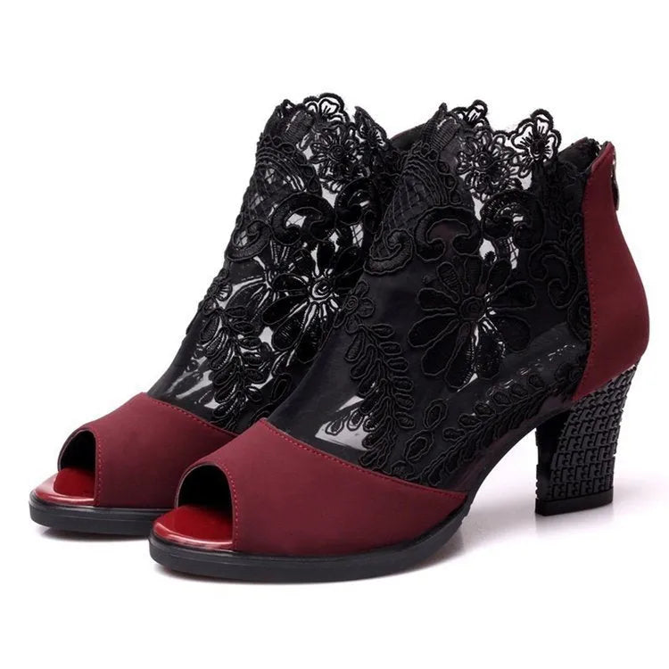 Women's black floral lace gladiator sandals with zip closure and square heels