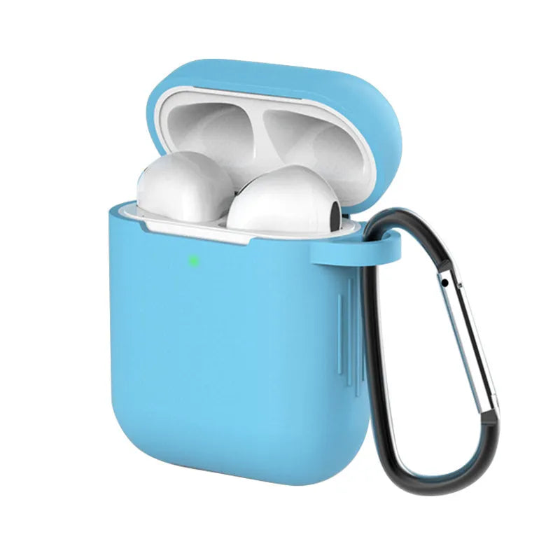 Liquid silicone clamshell cover for Apple AirPods on a white background.