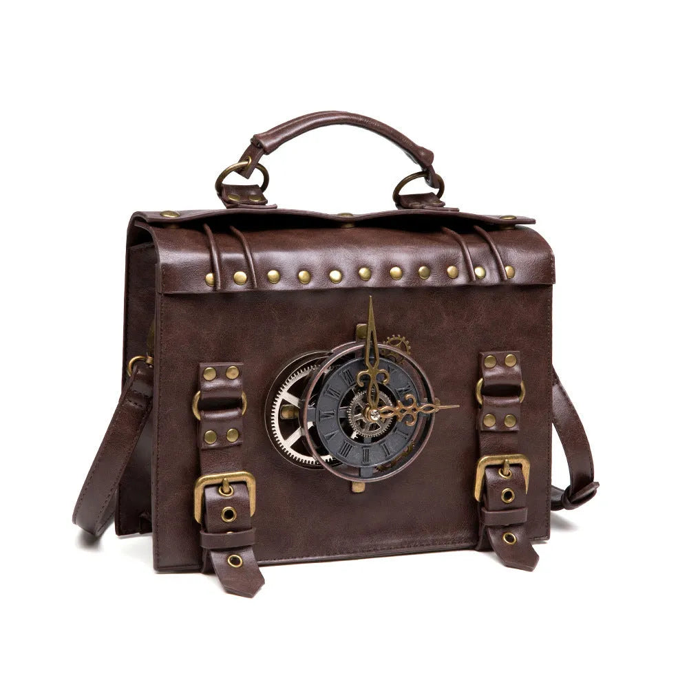 Bronze steampunk pillow shoulder bag with metal hardware on a textured PU leather surface.
